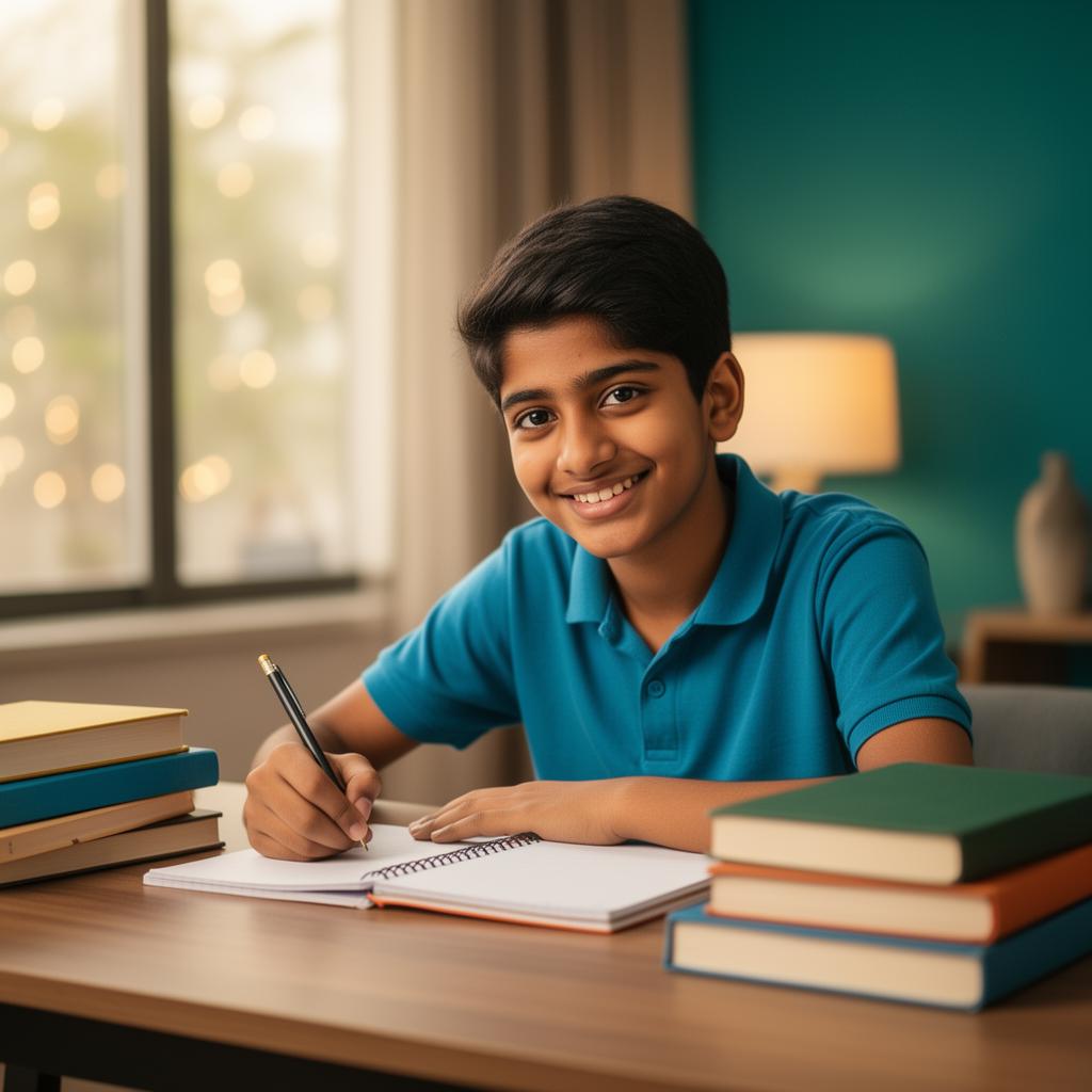 Confident Indian teenage student studying