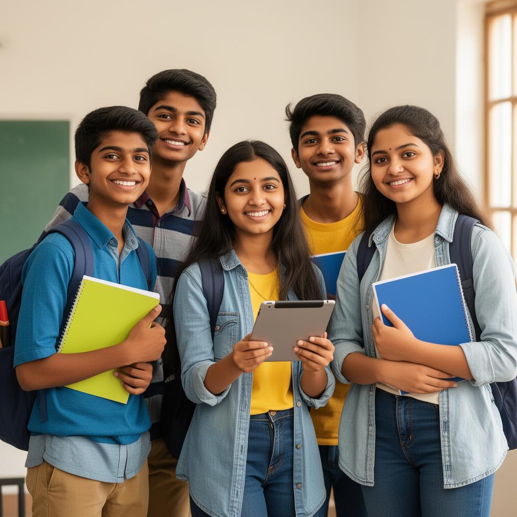 Indian teenage students smiling with books and tablet